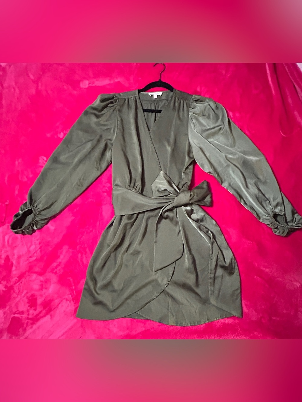 Peach Love Olive Satin Wrap Dress with Puff Sleeves